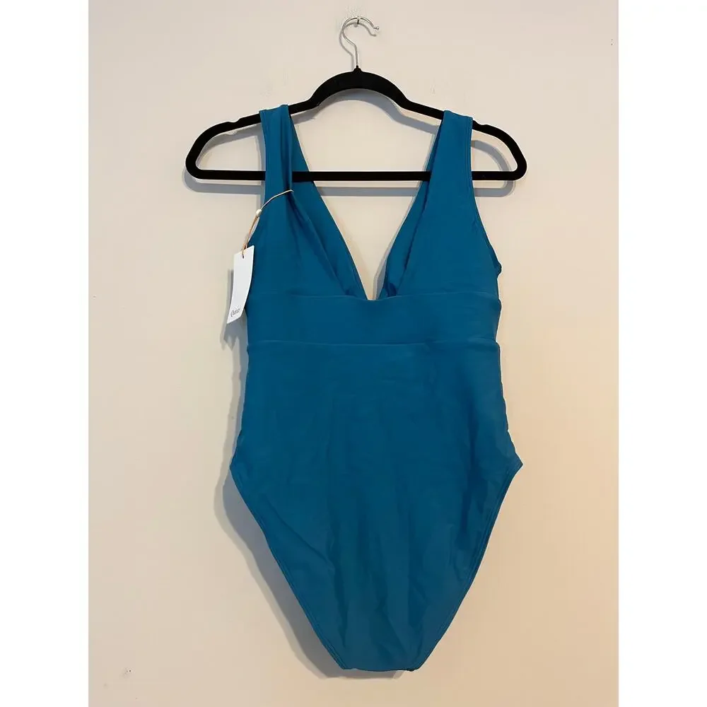 Quince Italian Plunge One-Piece Swimsuit in Deep Lagoon Teal Size M NWT!